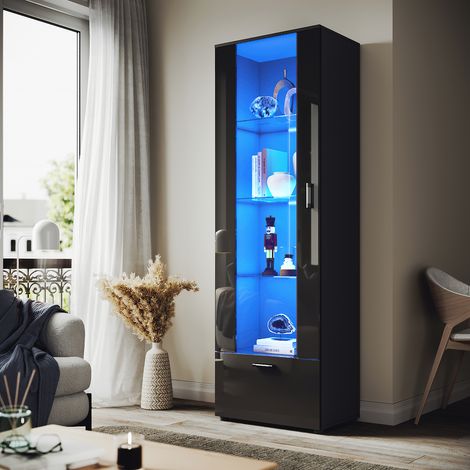 ELEGANT Designer Tall Display Cabinet Cupboard in Black High Gloss Multicolour LED Lights 5mm Tempered Safety Glass Shelves 1870 x 600 x 40 mm