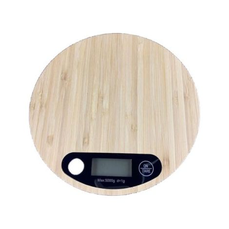 Balance de cuisine électronique en bambou, plateau rond, précision 5 kg/1 g, pèse-aliments digital pour pâtisserie et régime, écran LED, charge USB, compact et élégant (1/5)