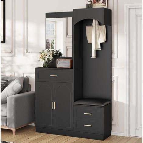 Garderobenschrank mit Schuhschrank, Spiegel und Schuhbank, 110 x 33 x 185,5 cm, Schwarz HAVRYA (1/5)