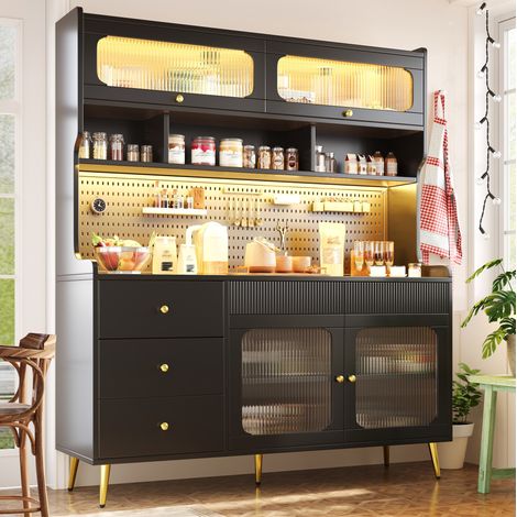 Aparador alto LED 145x39x171 cm con puerta elevable, cajones y vidrio negro DESVIAE (1/5)