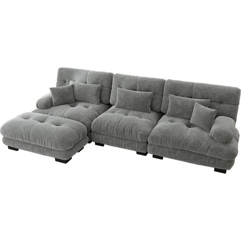 Großes modulares Ecksofa aus grauem Chenille mit Ottomane (1/5)