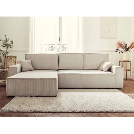 Dellia - canapé d'angle réversible convertible - avec coffre - en velours côtelé - 4 places - beige (1/5)