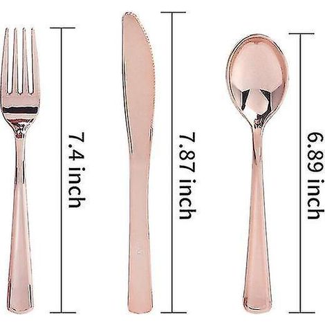 75 pièces de couverts jetables en plastique doré rose - 25 fourchettes, 25 cuillères et 25 couteaux - Plastique épais (1/5)