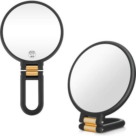 Miroir de main agrandissant 40X avec poignée, double face, grossissement 40X/1X, idéal pour le voyage, pliable et portable pour le maquillage, précision beauté (Noir) (1/5)
