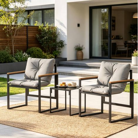 Set da conversazione da giardino, 2 sedie e tavolino, struttura in metallo, cuscini, nero e grigio (1/5)