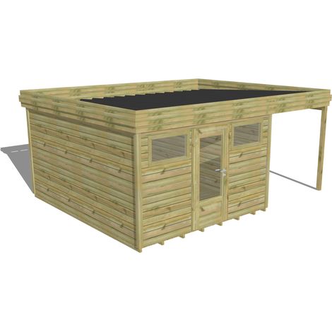 ABRI DE JARDIN bois Pin autoclave 27mm - 5,44x4,34m / 23,6m2 - Bac acier - Plancher bois