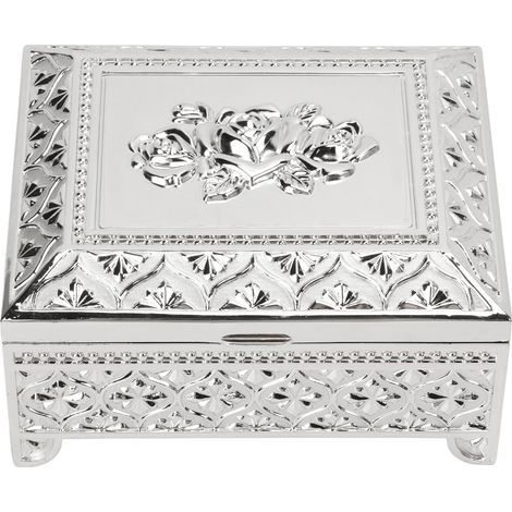 Vintage Schmuckkästchen aus Zinklegierung mit geprägtem Rosenmuster, Geschenkbox für Frauen und Mädchen, Silber (1/5)