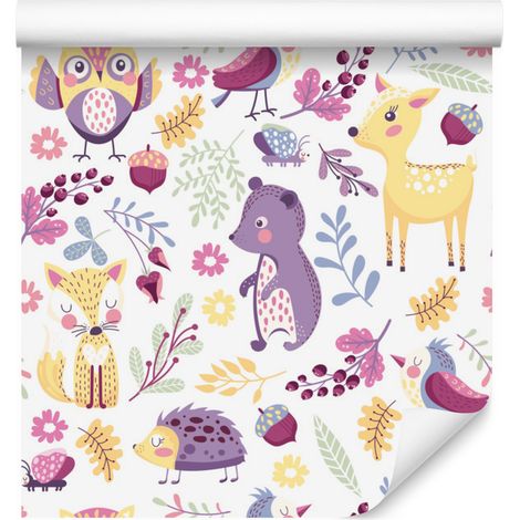 Carta da parati con simpatici animali colorati del bosco per soggiorno e camera da letto, 50x1000 cm. (1/5)