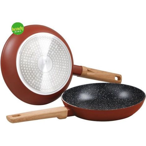 Set 2 padelle Warm Red Casa Collection 24/28 cm fondo induzione e manico soft touch effetto legno