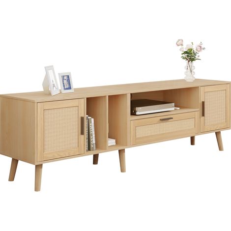 Mueble TV con 2 Puertas, 1 Cajón y 3 Huecos Abiertos, con Pasacables, en Tablero de Partículas, 180×40×55 cm, Roble (1/5)