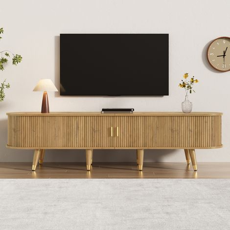 Meuble TV 175 cm bois clair MDF, portes coulissantes, rangements + tiroirs, détails dorés (1/5)