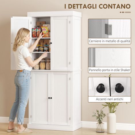 Armoire de cuisine blanche en bois, 2 portes, 6 tablettes réglables, hauteur 184 cm, largeur 76 cm, profondeur 40.5 cm (1/5)