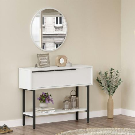 Console d'entrée moderne noir et blanc et miroir rond JENA