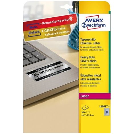 Avery-Zweckform L6009-8 Etiquette plaques signalétiques 45.7 x 21.2 mm film de polyester argent 384 pc(s) fixation perm (1/5)