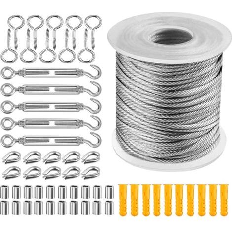 AIDUCHO Packung mit 57 Edelstahl-Drahtseilen, 30 m x 2 mm, PVC-beschichtet, Hochleistungs-Edelstahlseil 304, Drahtklemmende, Edelstahl-Ösenschraube (1/5)