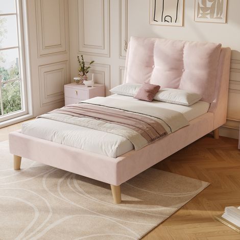 Lit enfant 90x200 sommier velours rose gain de place OKMYHOME (1/5)