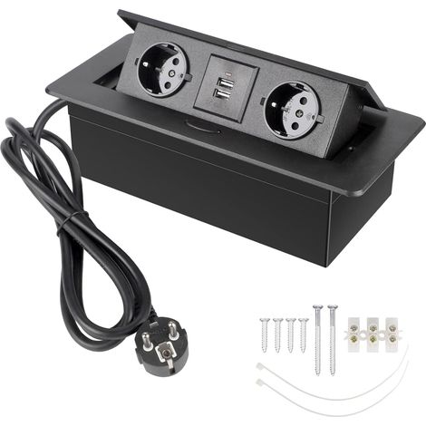 Prise Encastrable Plan de Travail Noir, Multiprise Plan de Travail Cuisine avec 2 Prises + 2USB/Connecteur/1,8M Câble (1/5)
