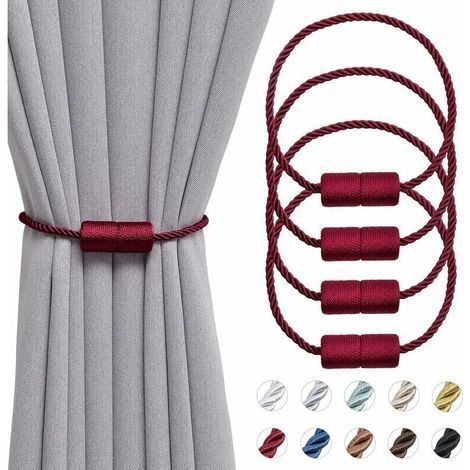 Set di 4 fermatende magnetici da 40,6 cm fatti a mano in corda laterale per tende da casa e ufficio (rosso vino) (1/5)