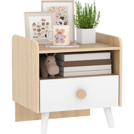Table de Chevet Enfant avec Tiroir Table de Nuit en MDF et Pieds en Pin 40x32,5x40 cm Meuble Rangement Blanc 3-10 Ans (1/5)
