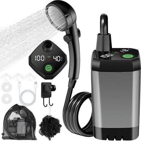 Campingdusche, tragbare Dusche, wiederaufladbare elektrische Duschpumpe, 6000 mAh Duschkopf mit Smart Display, 4 Modi, Camping-Duschset für Camping, Wandern und Reisen