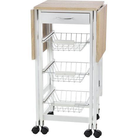 Carrello Portavivande Pieghevole 6 Ruote 3 Cestini Cassetto 2 Ribalte MDF Metallo Bianco Legno 37x37x77,5 cm (1/5)