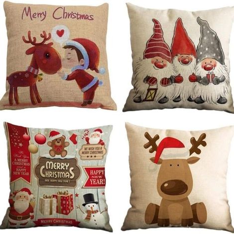 Lot de 4 taies d'oreiller décoratives avec des Pères Noël souriants (1/5)