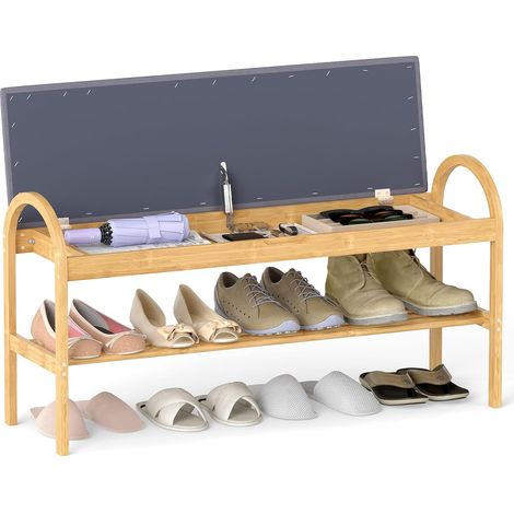 COSTWAY Banc à chaussures avec assise, banc en bambou, banc dentrée avec étagère à chaussures et espace de rangement caché, pouvant servir dorganiseur à chaussures et de banc de lit, charge maximale 1 (1/5)