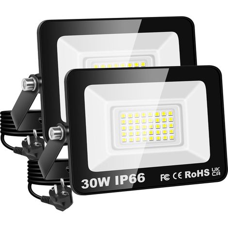 Projecteur LED 30W, étanche IP66, éclairage de sécurité 3000 lm, applique murale extérieure blanc froid 6500K pour jardin, cour, garage, terrasse, entrepôt, avec prise UE (2 pièce)