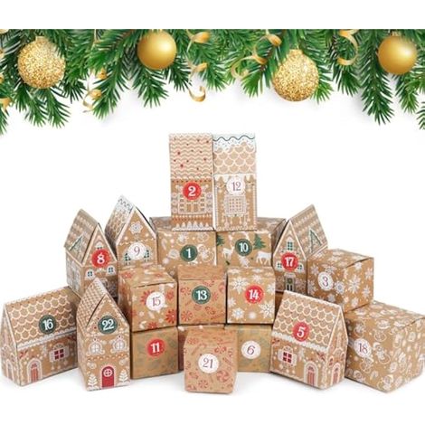 24 boîtes cadeaux de Noël en papier kraft avec calendrier de l'Avent et 24 autocollants décoratifs. (1/5)