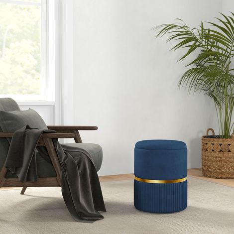 Pouf tabouret repose-pied coffre de rangement en velours côtelé 36 x 36 x 44 cm pour salon chambre bleu