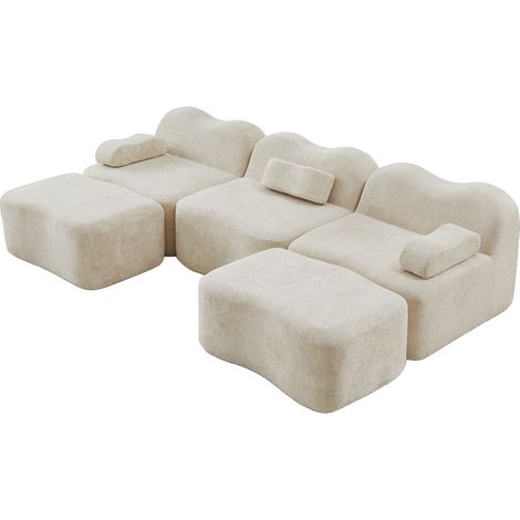Canapé modulable 3 places en velours beige avec mousse haute densité et 2 ottomans, forme en U (1/5)