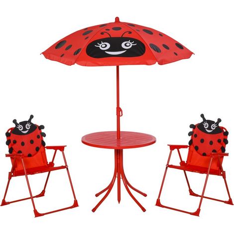 4-teiliges Kinder-Gartenmöbelset, Marienkäfer-Design – Runder Tisch + 2 Klappstühle + Sonnenschirm – Rotes Oxford-Epoxidharz-beschichtetes Metall (1/5)