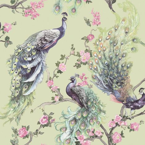 Menali Peacock Glitter Wallpaper Green Purple Birds Floral Vinyl Holden Decor