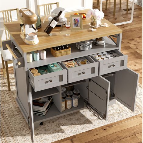 Isola cucina 118/43-80/98 cm grigia con piano estraibile, spazio contenitore e ruote (1/5)