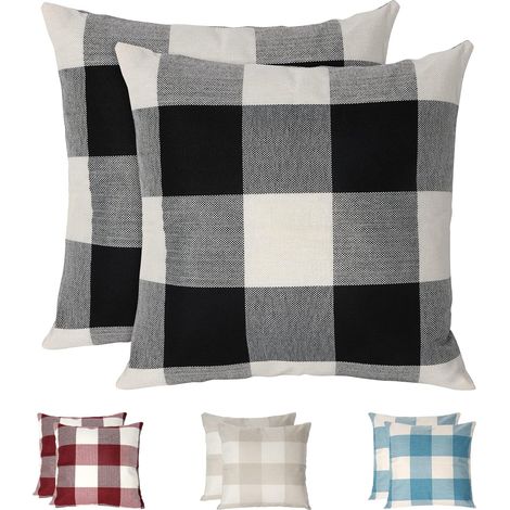 Housses de Coussin à Carreaux , Lot de 2 taie d'oreiller en Lin résistant aux Rides et Respirant, taie d'oreiller à Carreaux, Housses de Coussin décorative pour la Maison,Noir