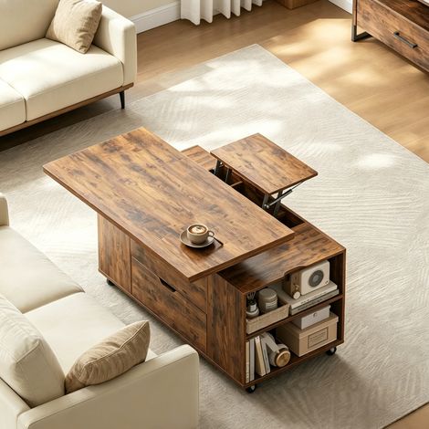 Tavolino da salotto elevabile con 5 ruote bloccabili, cassetto e vani aperti, per soggiorno, legno e metallo, marrone rustico, 50.5 × 100 × 53 cm (1/5)