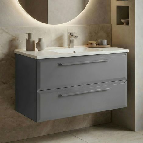 Meuble vasque suspendu 100 cm gris 2 tiroirs NEREE (1/4)