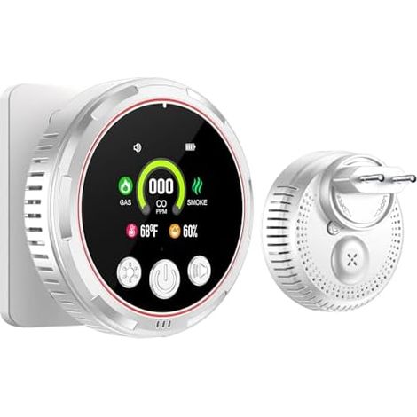 Plug-in 5en1 Combo Detecteur de Fumée et Monoxyde Carbone Détecteur Gaz avec Batterie 1000mah & HD L'écran [Co Fumee Temp Humidité Alarme] pour Familial Voyage, Blanc, HD13-CGS Blanc -