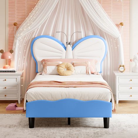 JOOKGBD–Letto per Bambini 90x190 cm,Letto Singolo Imbottito,Letto Principessa,Testiera a Farfalla,Illuminazione LED,Testiera Regolabile,Rete a Doghe,Velluto,Blu