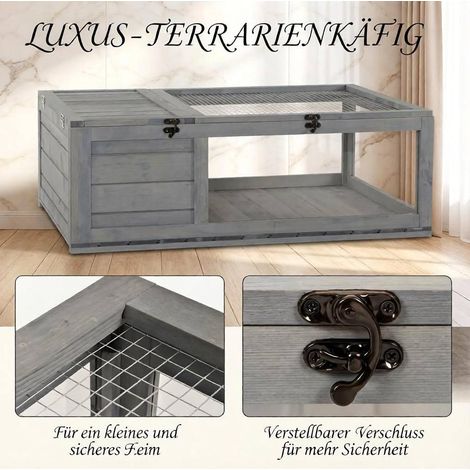 Schildkrötengehege 91 x 60,5 x 32 cm aus grauem Holz, mit Gitter, für innen/außen – MEUBLIV (1/5)