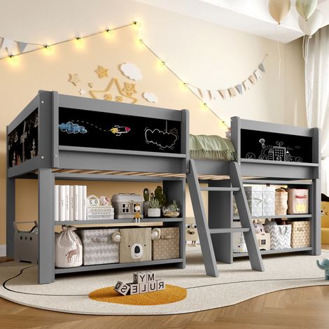 Lit à demi-hauteur,90200cm,Plusieurs étagères pour le rangement,Rambarde,Échelle,Bois de pin,Sans matelas,Style minimaliste,Gris