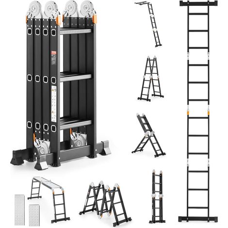 Échelle Pliante Polyvalente 7 en 1 Escabeau Télescopique Réglable avec Planche Échafaudage, Barre Équilibre, Hauteur de Portée 3,55 m, Charge 150 kg, Cadre A 3 Marches, pour Extérieur Intérieur (1/5)