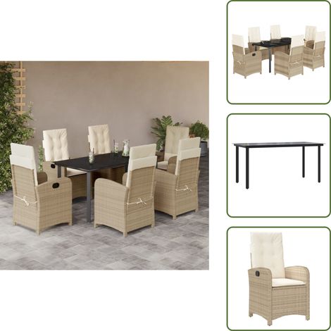 Rattanstuhl - vidaXL 7-tlg. Garten-Essgruppe mit Kissen Beige Poly Rattan - Sitzkissen (1/5)