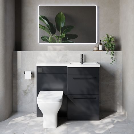 Napoli 390 Gloss Grey 1000mm 2 Drawer Vanity Unit Toilet Suite with Right Hand Square Lucia Basin - 1000mm - Matt Black 320mm HandleWith Kingston Toilet Pan and Seat