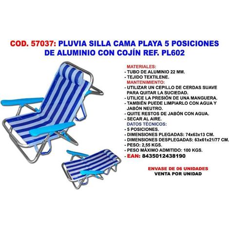 pluvia finstok silla baja playa cama 5 posi alu 22mm cojin pl602