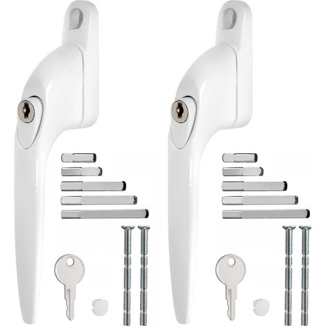 Lot de 2 poignées de fenêtre en UPVC verrouillables en aluminium blanc pour fenêtres UPVC avec clé pour 10/15/30/40/50mm Broches multiples