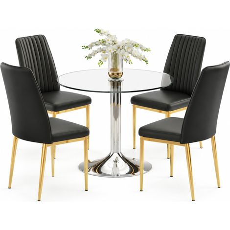 Runder Esstisch mit 4 Stühlen, 85 cm Glasplatte, Metallgestell, schwarz gold (1/5)