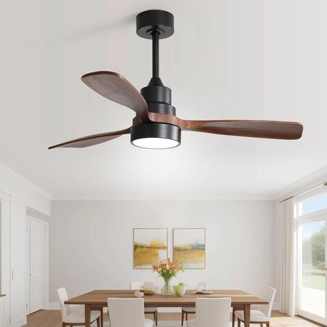 Ceiling fan with DC motor, 3 carved wooden blades, quiet reversible motor and remote control, 6 speeds, suitable for winter and summer (black, 122 cm, with light and downrod bracket)