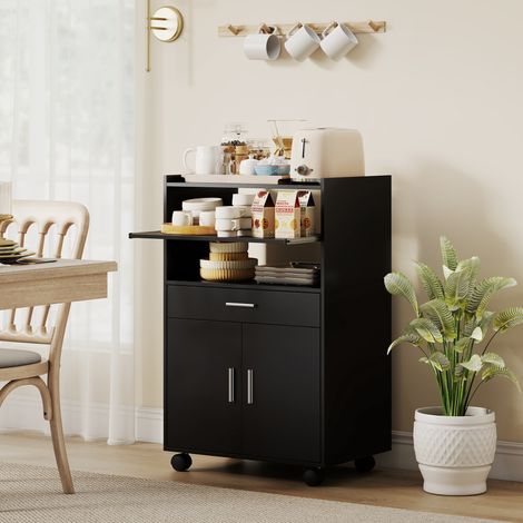 Noir - Armoire micro-ondes à roues, buffet cuisine, tiroir, dessus appareil, 2 portes, étagères, 59x40x92cm