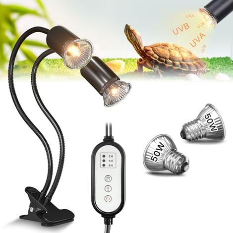 Lampe chauffante pour tortues avec minuterie, lampe chauffante double tête pour terrariums avec 2 ampoules E27 pour zone de chauffage, lampe chauffante E27 rotative à 360° pour terrariums, tortues, lé (1/5)
